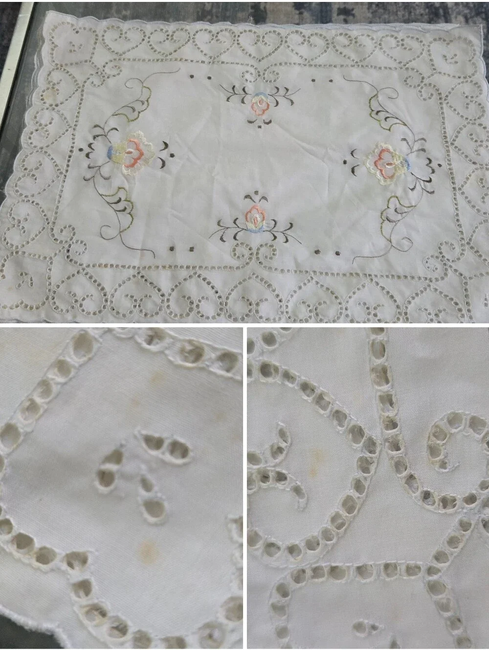 Vintage Set 4 Hand Embroidered Cutwork Linen Placemats Scalloped Floral Hearts